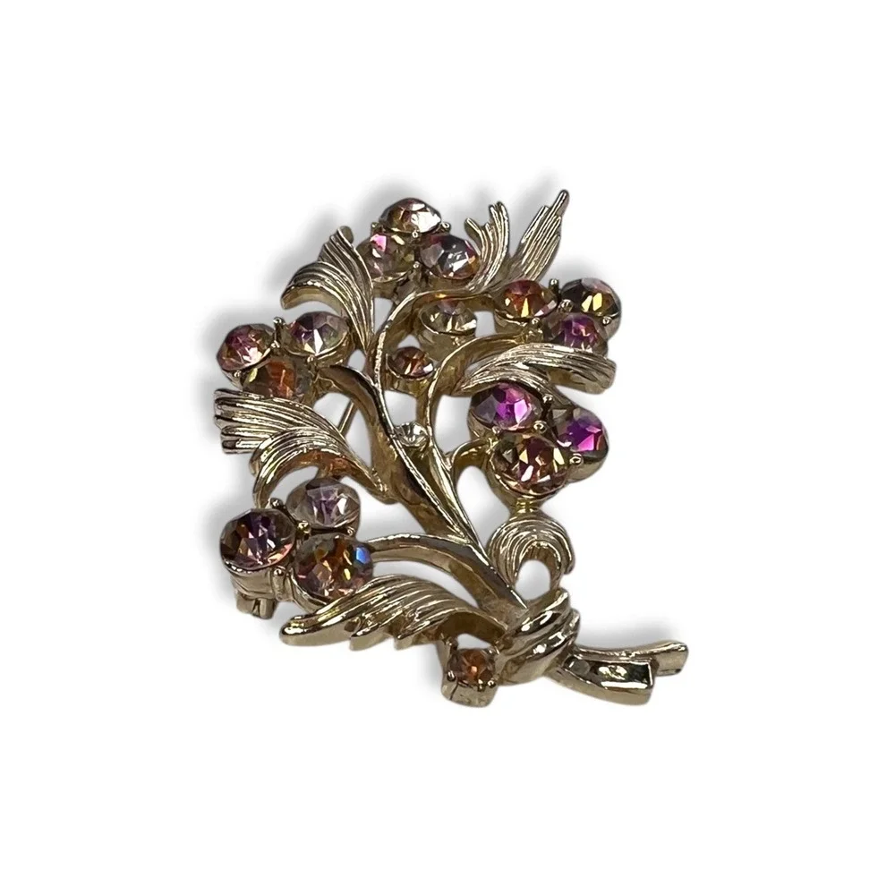 Vintage Lisner Brooch AB Stones Flower Bouquet Gold Tone Signed 50s 60s‎ Cottage